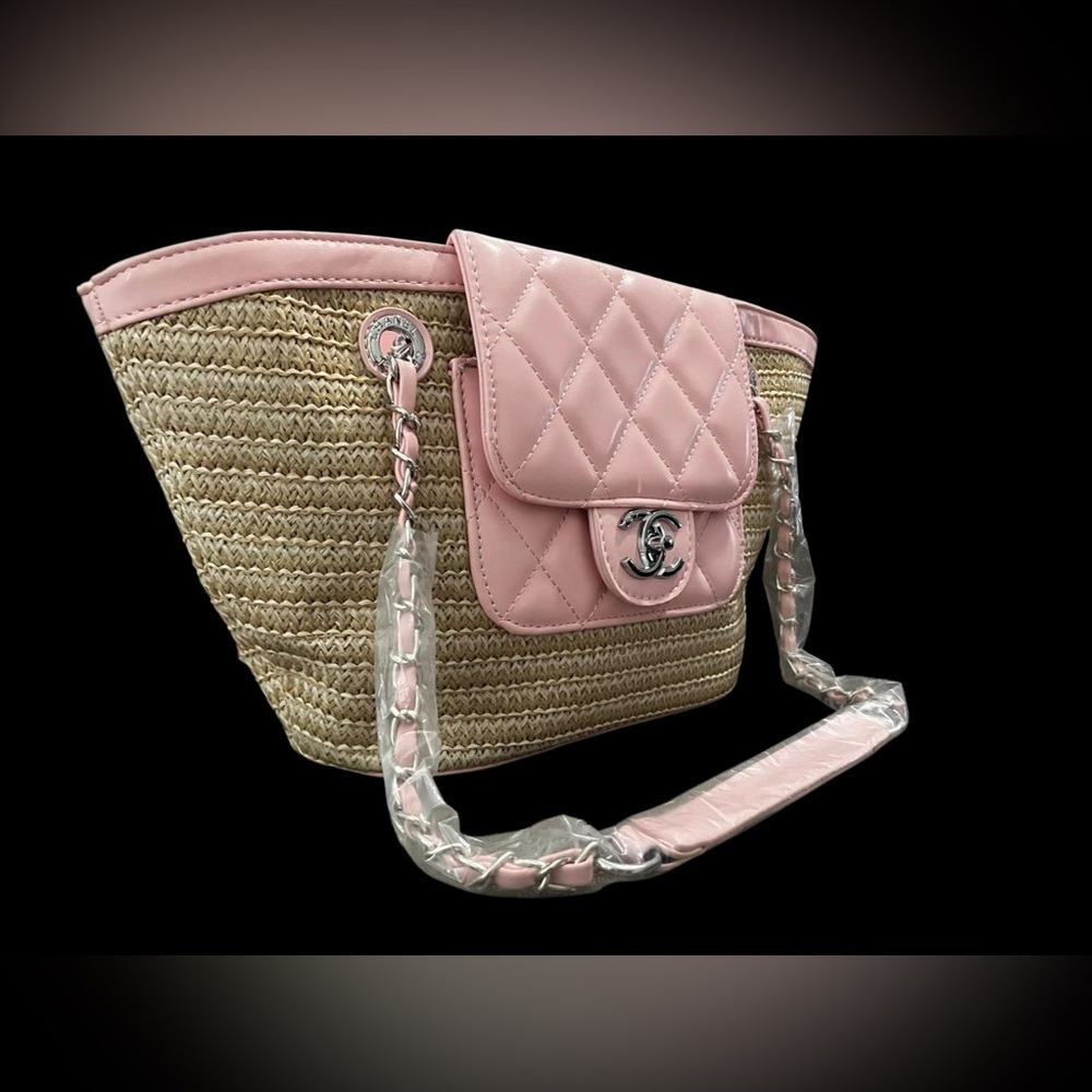Blush Pink Woven Large Shoulder Tote Bag